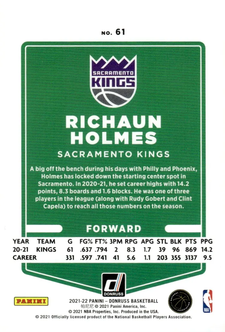 2021-22 Donruss #61 Richaun Holmes (back)