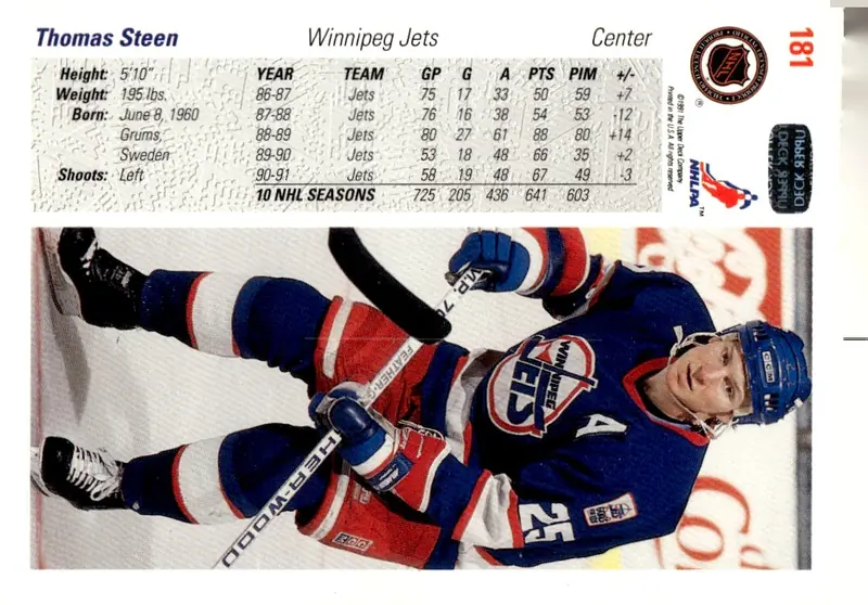 1991-92 Upper Deck #181 Thomas Steen (back)