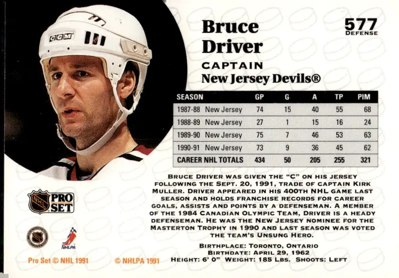 1991-92 Pro Set (Series 2) #577 Bruce Driver (back)