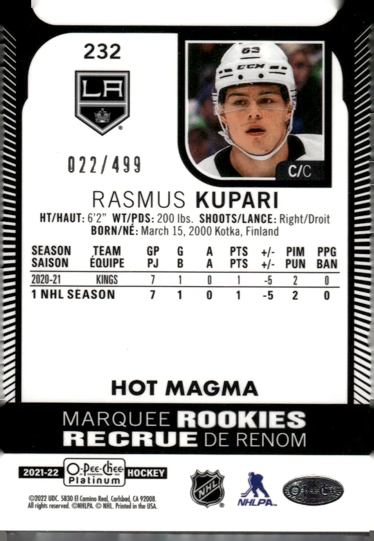 2021-22 O-Pee-Chee Platinum #232 Rasmus Kupari – Hot Magma (back)