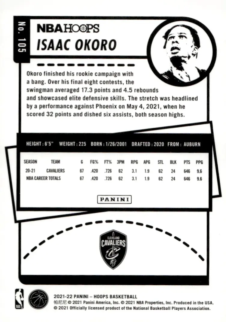 2021-22 NBA Hoops #105 Isaac Okoro (back)