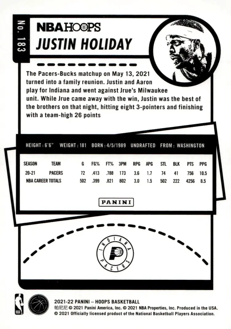 2021-22 NBA Hoops #183 Justin Holiday (back)