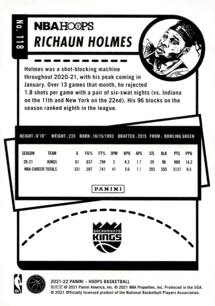 2021-22 NBA Hoops #118 Richaun Holmes (back)