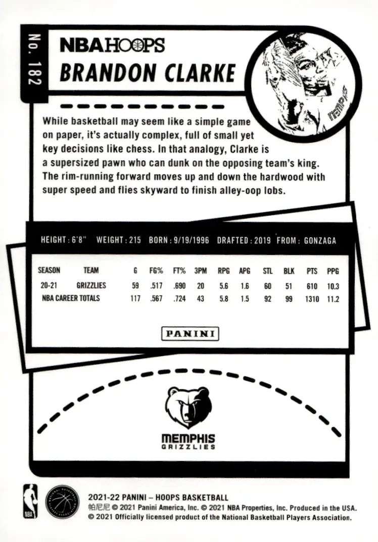 2021-22 NBA Hoops #182 Brandon Clarke (back)