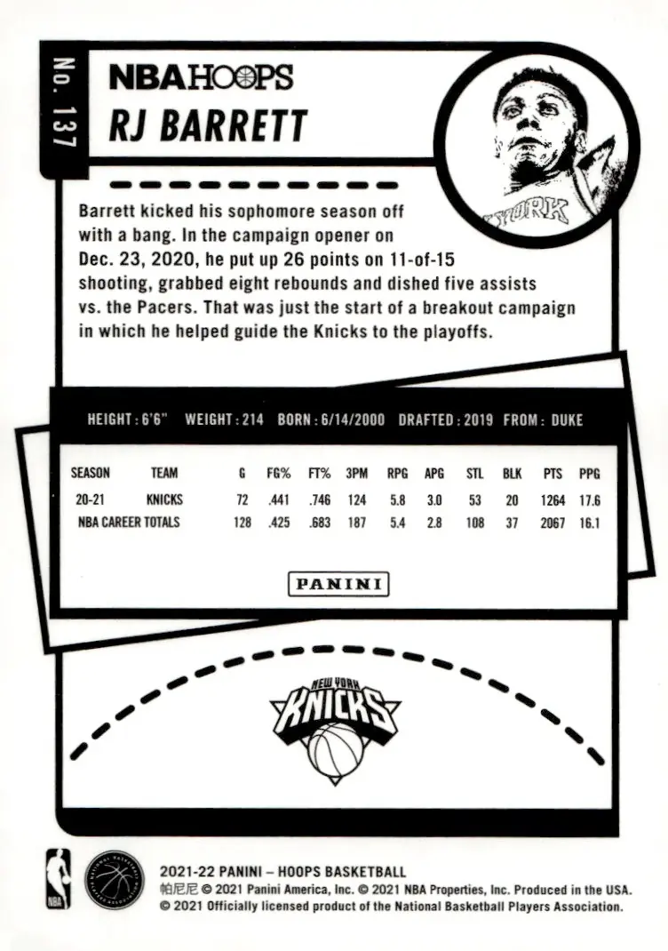 2021-22 NBA Hoops #137 RJ Barrett (back)