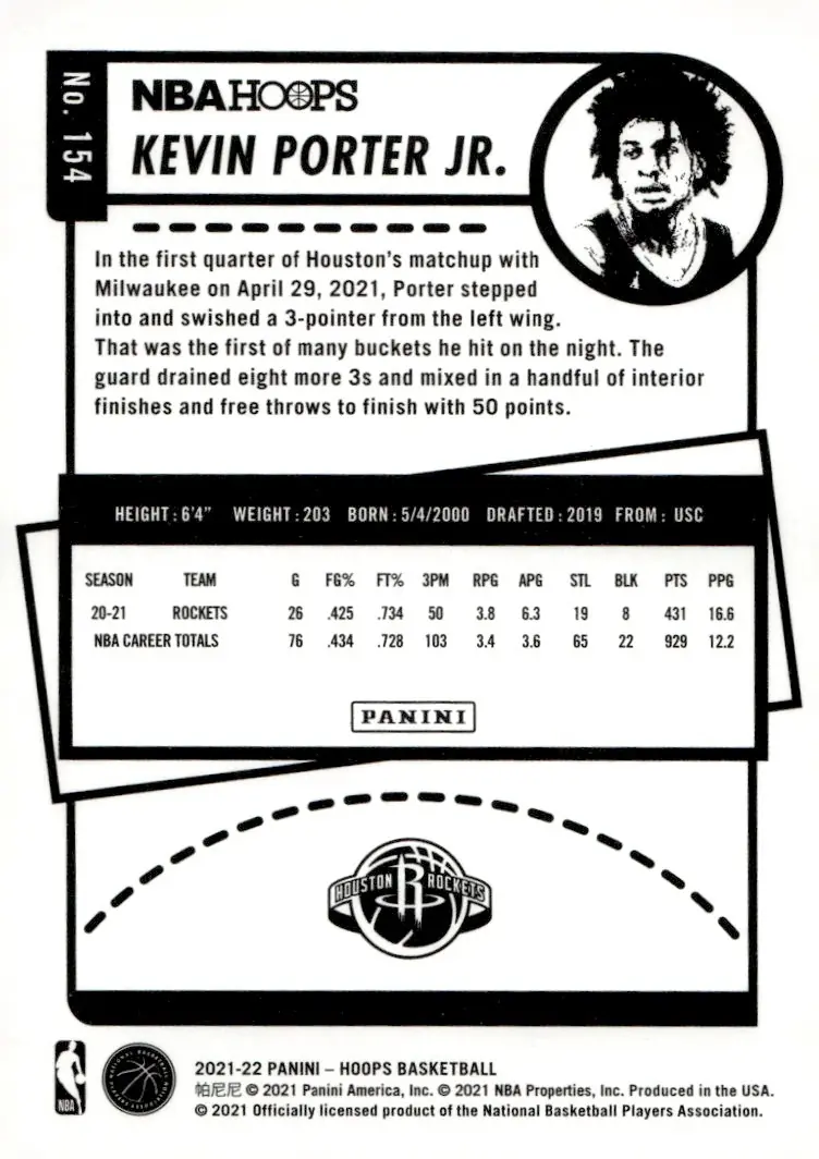 2021-22 NBA Hoops #154 Kevin Porter Jr. (back)