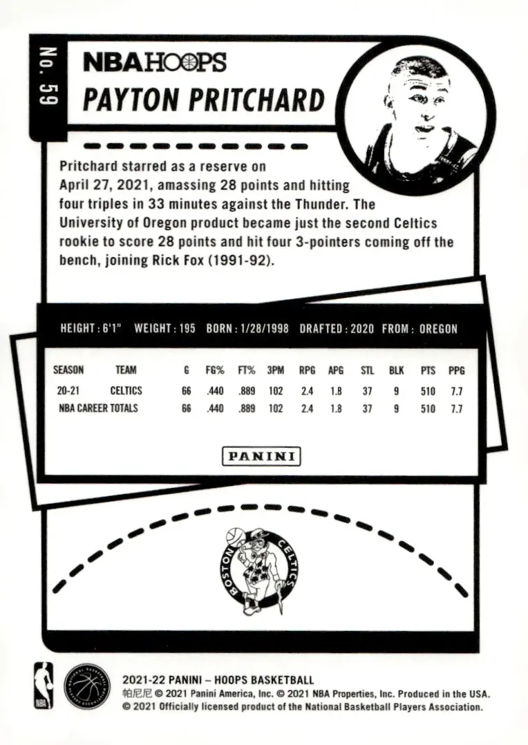 2021-22 NBA Hoops #59 Payton Pritchard (back)