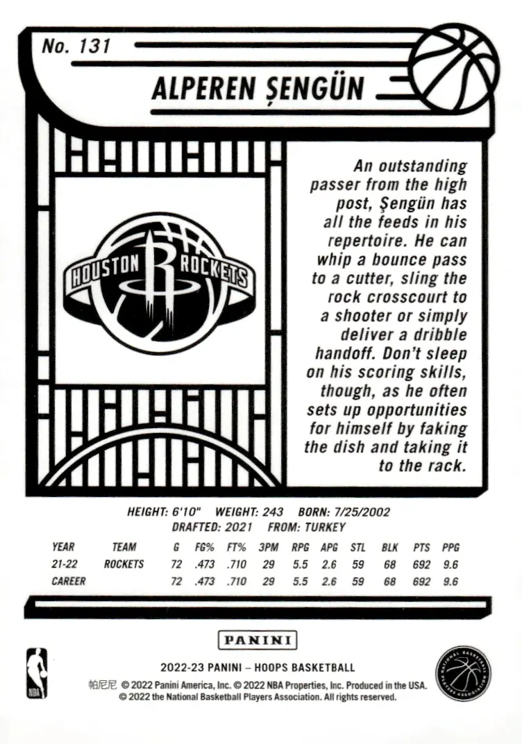 2022-23 NBA Hoops #131 Alperen Şengün (back)