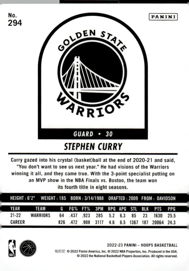 2022-23 NBA Hoops #294 Stephen Curry (back)