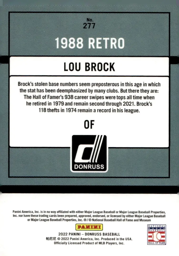 2022 Donruss #277 Lou Brock (back)