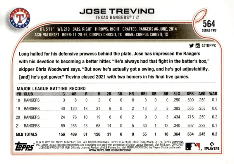 2022 Topps Series 2 #564 Jose Trevino (back)