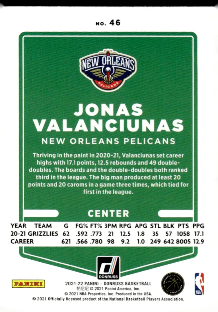 2021-22 Donruss #46 Jonas Valanciunas (back)