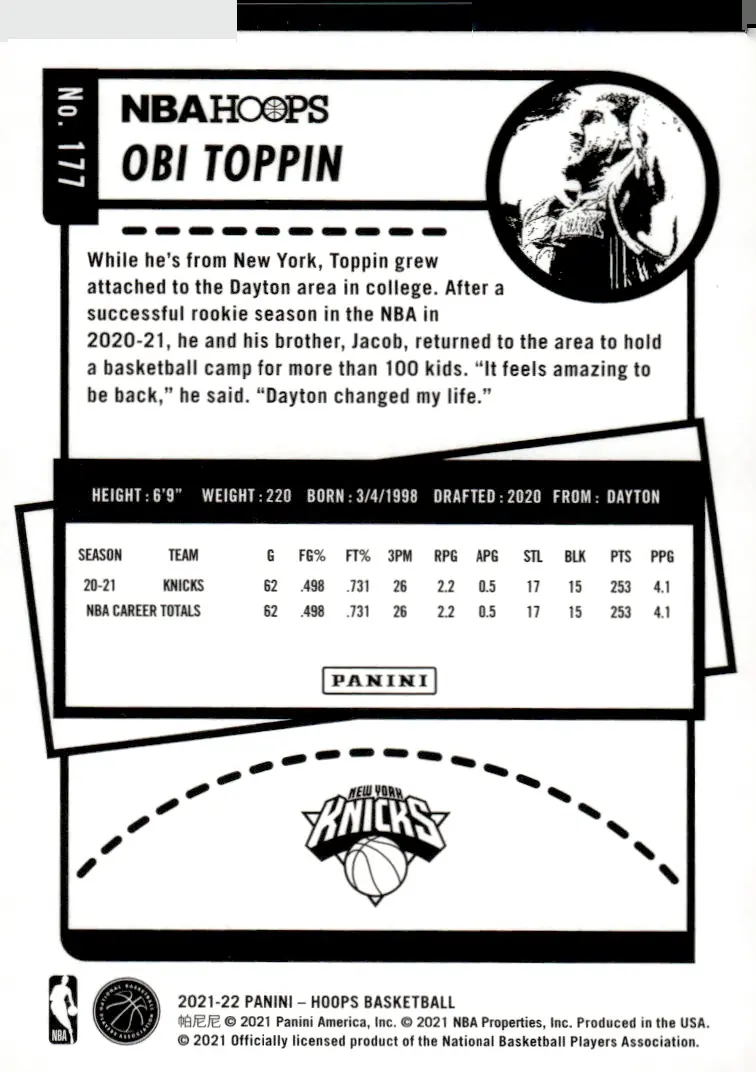 2021-22 NBA Hoops #177 Obi Toppin (back)