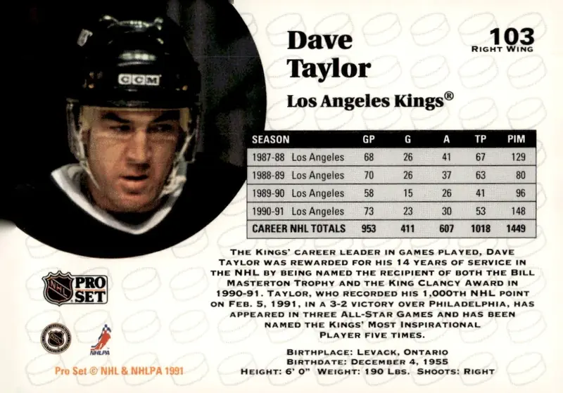 1991-92 Pro Set (Series 1) #103 Dave Taylor (back)