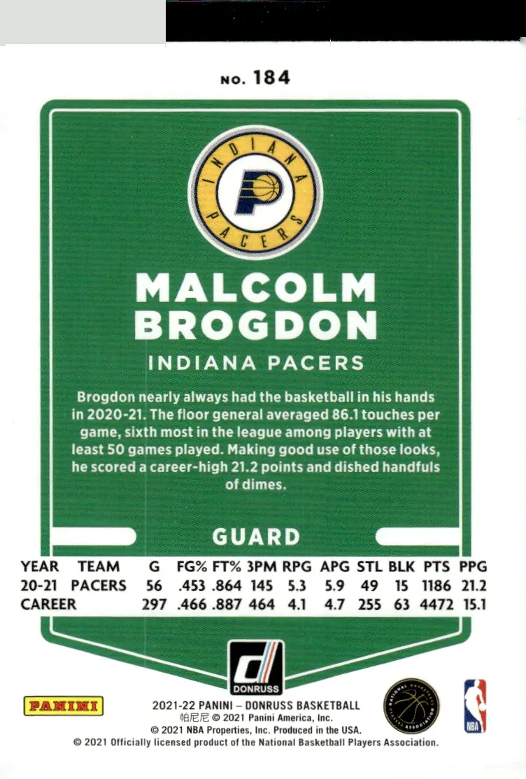 2021-22 Donruss #184 Malcolm Brogdon (back)