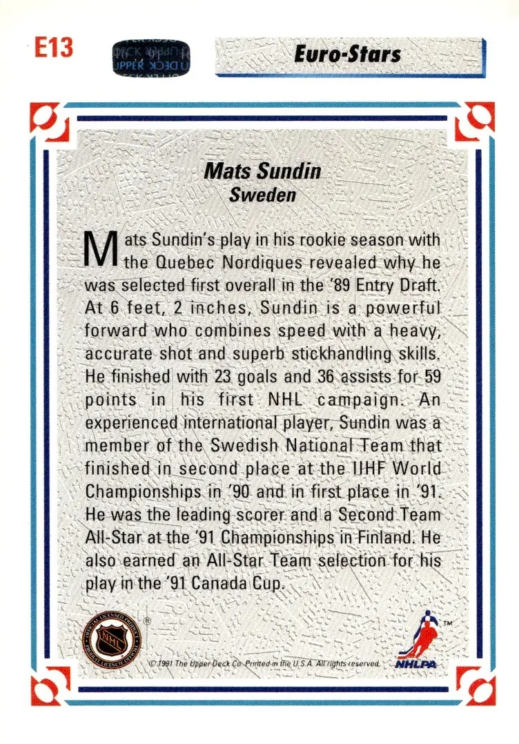 1991-92 Upper Deck #E13 Mats Sundin – English (back)