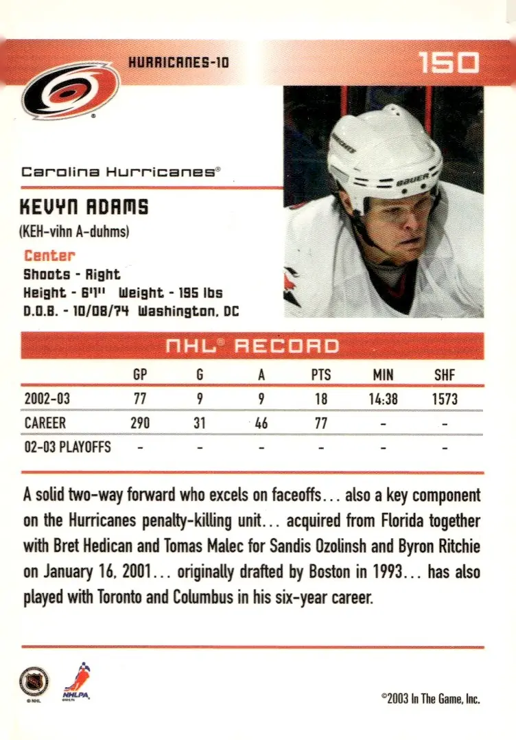 2003-04 In The Game Action #150 Kevyn Adams (back)
