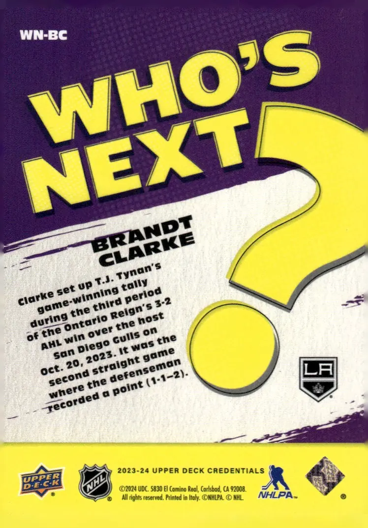 2023-24 Upper Deck Credentials #WN-BC Brandt Clarke (back)