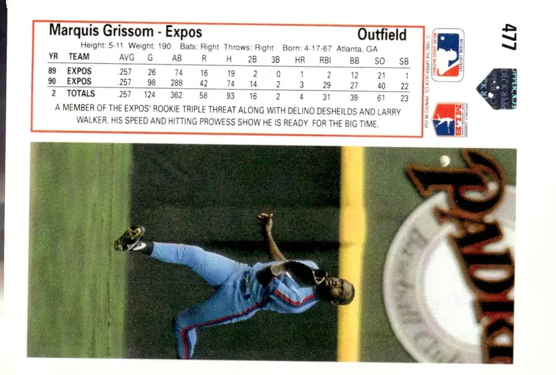 1991 Upper Deck #477 Marquis Grissom (back)