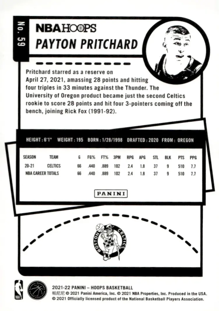 2021-22 NBA Hoops #59 Payton Pritchard (back)