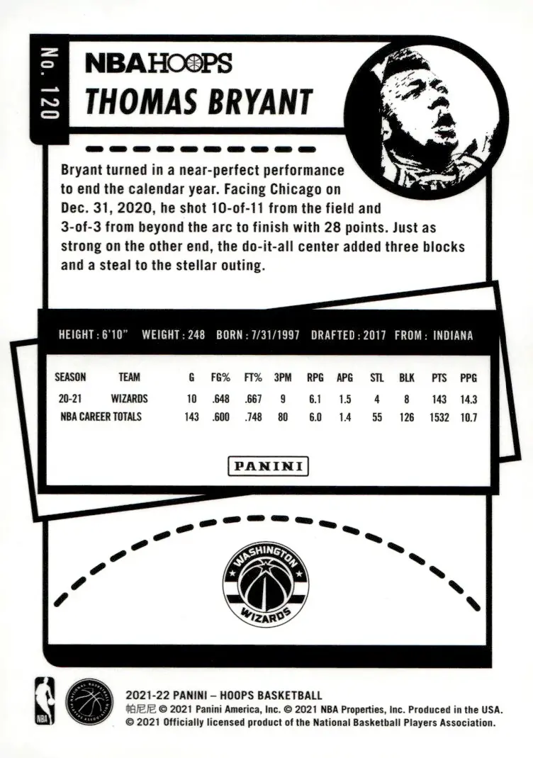 2021-22 NBA Hoops #120 Thomas Bryant (back)