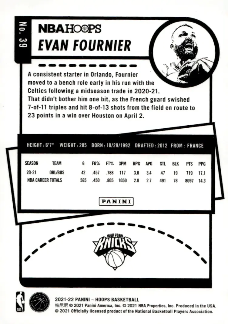 2021-22 NBA Hoops #39 Evan Fournier (back)