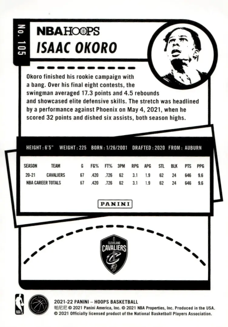 2021-22 NBA Hoops #105 Isaac Okoro (back)