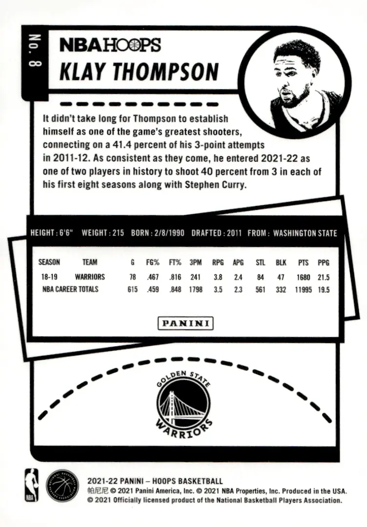 2021-22 NBA Hoops #8 Klay Thompson (back)
