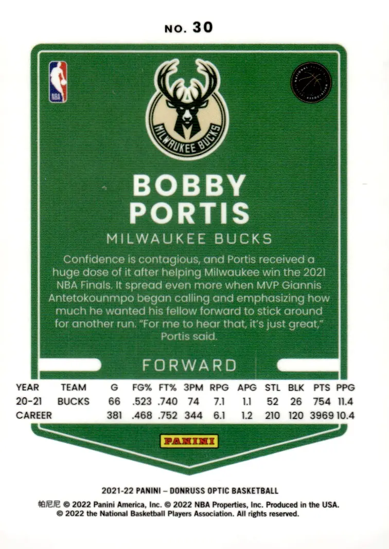 2021-22 Donruss Optic #30 Bobby Portis (back)