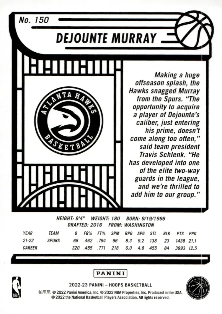 2022-23 NBA Hoops #150 Dejounte Murray (back)