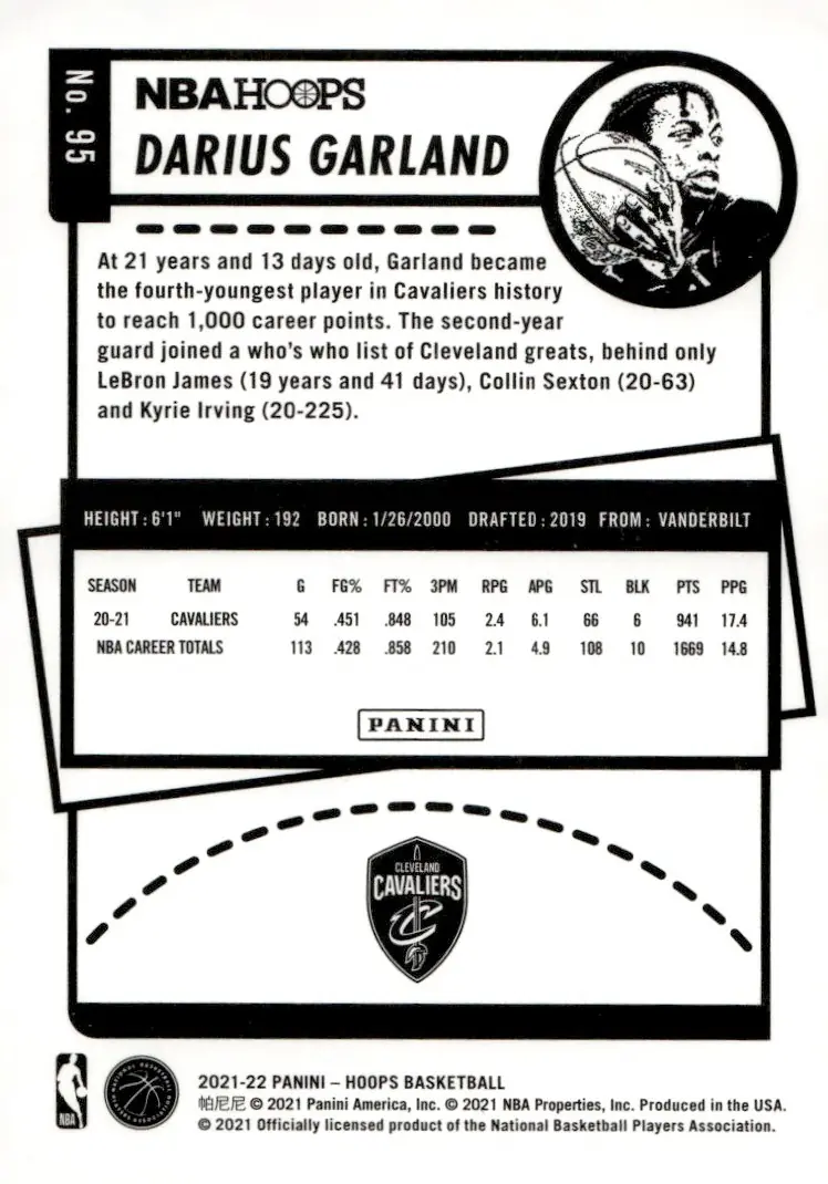 2021-22 NBA Hoops #95 Darius Garland (back)