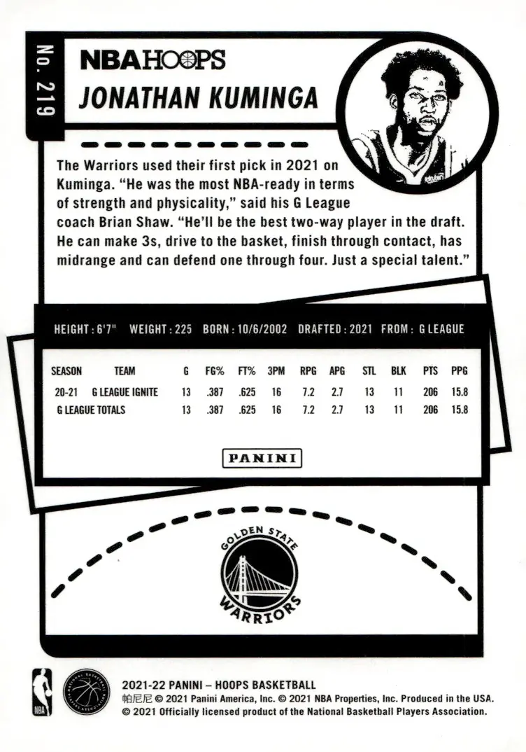 2021-22 NBA Hoops #219 Jonathan Kuminga (back)