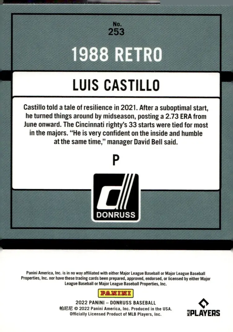2022 Donruss Baseball #253 Luis Castillo (back)