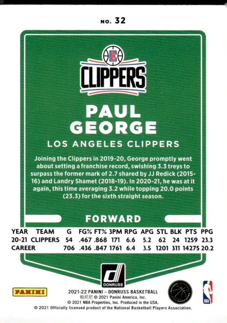 2021-22 Donruss #32 Paul George (back)