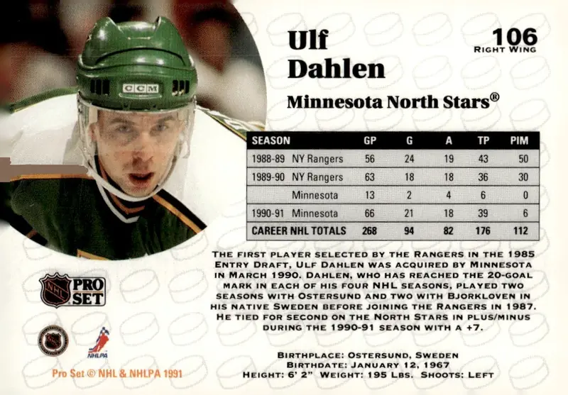 1991-92 Pro Set #106 Ulf Dahlen (back)