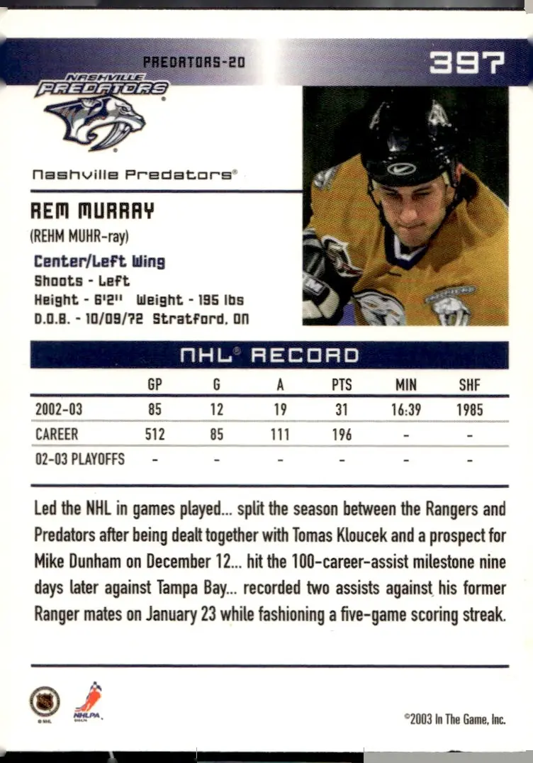 2003-04 In The Game Action #397 Rem Murray (back)