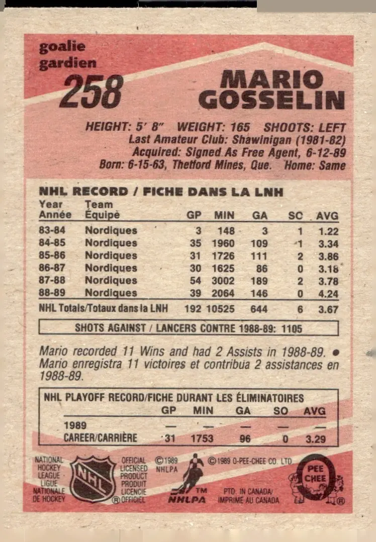 1989-90 O-Pee-Chee #258 Mario Gosselin (back)
