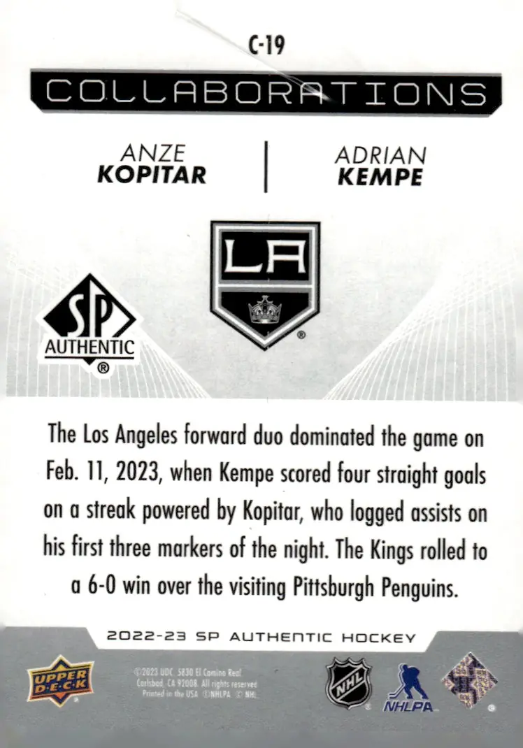2022-23 SP Authentic #C-19 Anze Kopitar / Adrian Kempe (back)