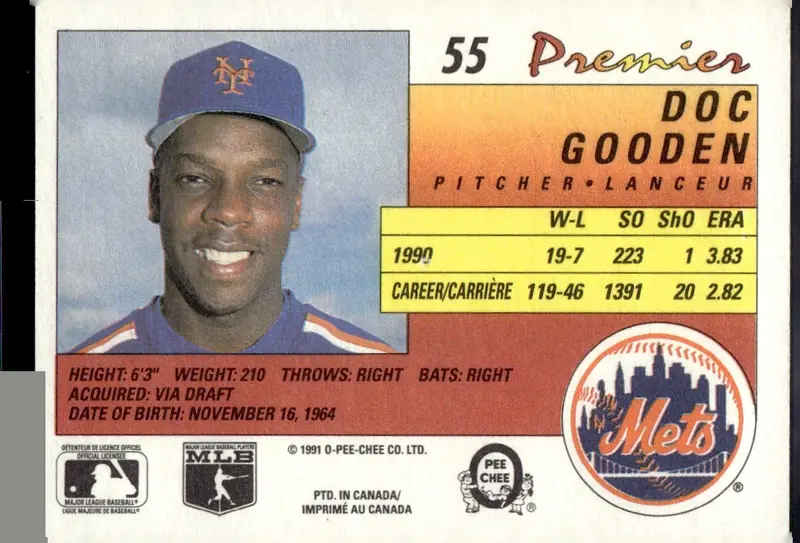 1991 O-Pee-Chee Premier #55 Dwight "Doc" Gooden (back)