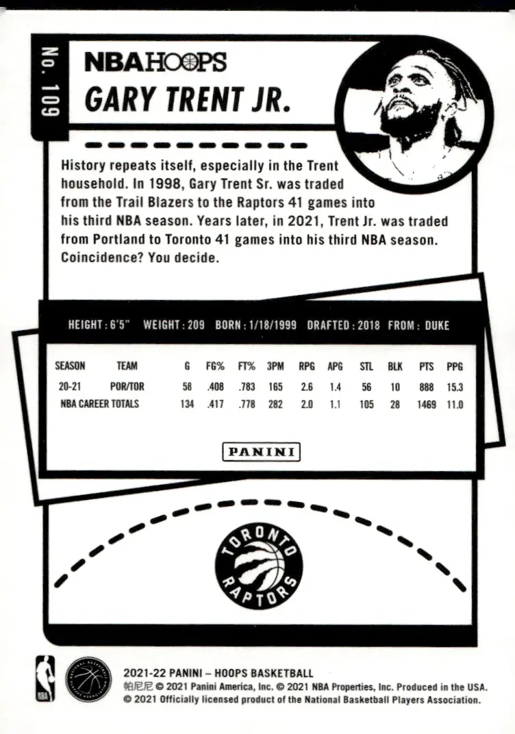 2021-22 NBA Hoops #109 Gary Trent Jr. (back)