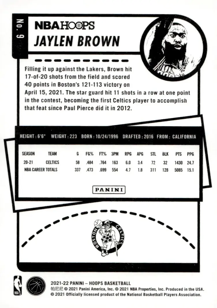 2021-22 NBA Hoops #9 Jaylen Brown (back)