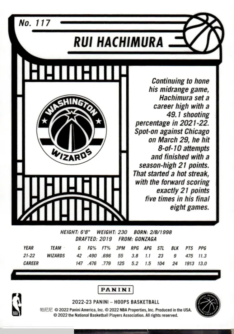 2022-23 NBA Hoops #117 Rui Hachimura (back)