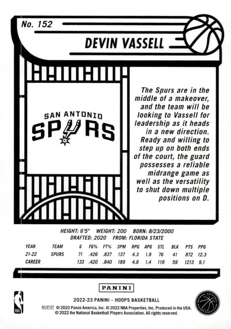2022-23 NBA Hoops #152 Devin Vassell (back)