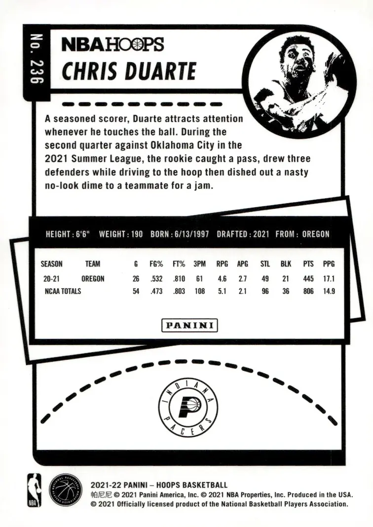 2021-22 NBA Hoops #236 Chris Duarte (back)