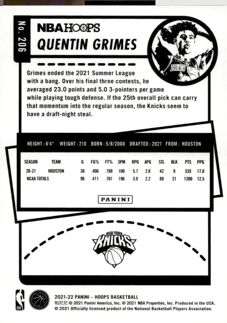 2021-22 NBA Hoops #206 Quentin Grimes (back)