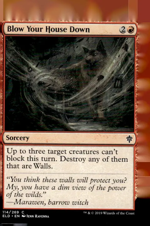 2019 Throne of Eldraine (ELD) #114/269 Blow Your House Down (card title); art by Jenn Ravenna