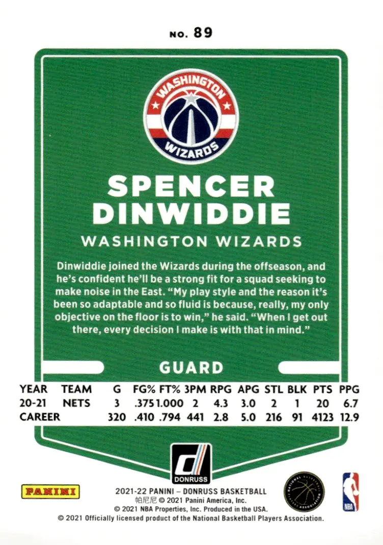 2021-22 Donruss #89 Spencer Dinwiddie (back)