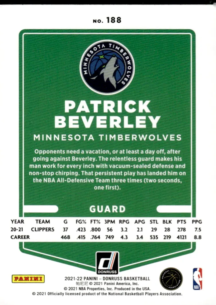 2021-22 Donruss Basketball #188 Patrick Beverley (back)