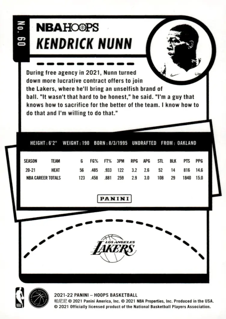 2021-22 NBA Hoops #60 Kendrick Nunn (back)