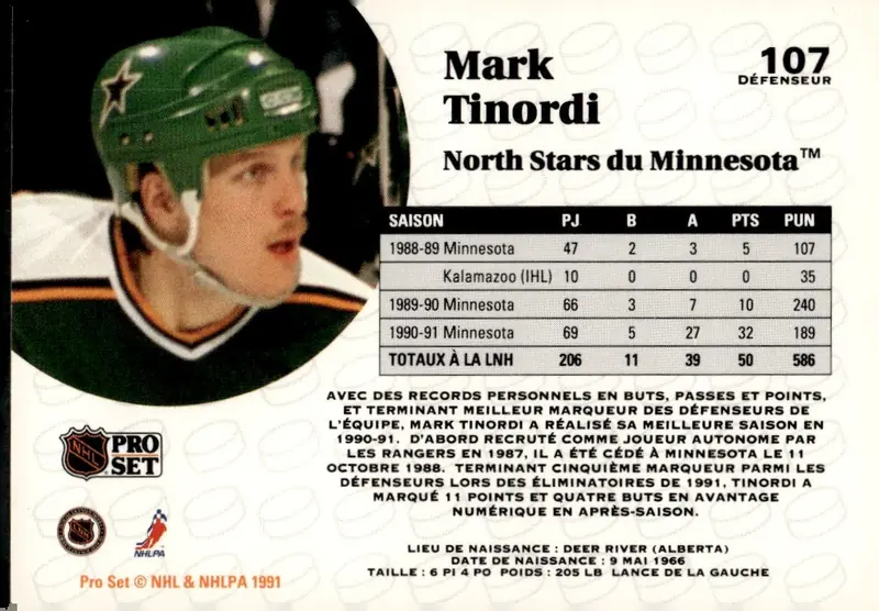 1991-92 Pro Set (French Edition) #107 Mark Tinordi – French-language edition (back)